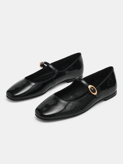 Black Patent Leather Square-Toe Buckle Mary Jane Ballet Flats