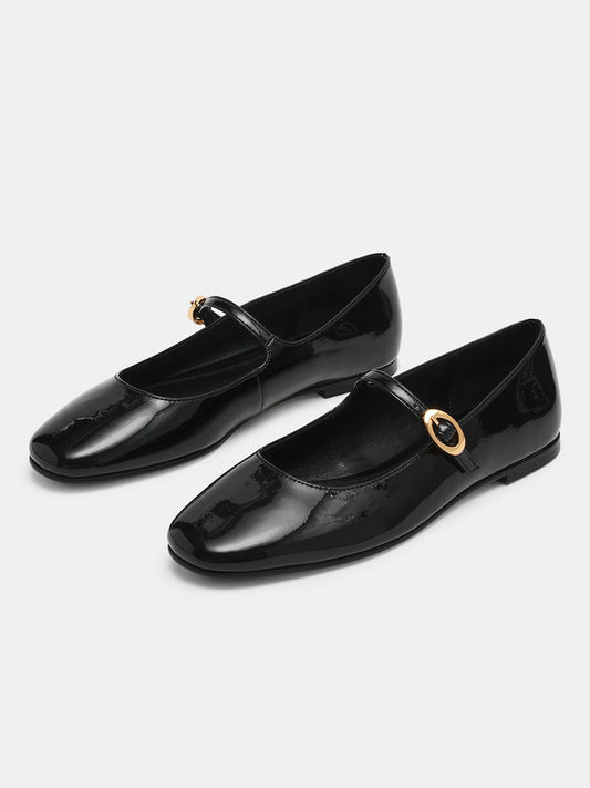 Black Patent Leather Square-Toe Buckle Mary Jane Ballet Flats