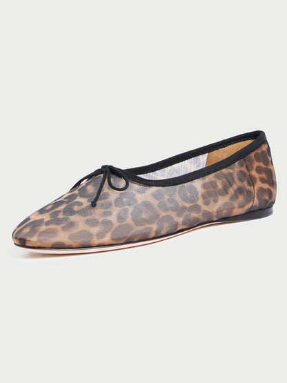 Leopard Pattern Mesh Round-Toe Chic Front Bow Slip-On Ballet Flats
