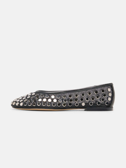 Green Mesh Round-Toe Full Studs Slip-On Ballet Flats