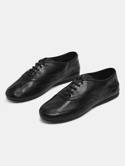 Black Round-Toe Lace-Up Slip-On Chic Flats