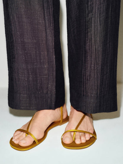 Honey Satin Square-Toe Back And Ankle Strap Flats Sandals