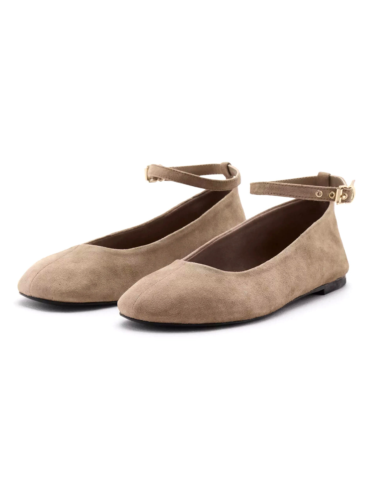 Sand Faux Suede Round-Toe Chic Ankle Strap Ballet Flats