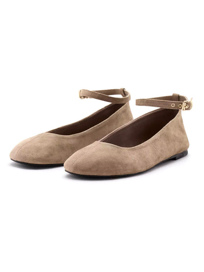 Sand Faux Suede Round-Toe Chic Ankle Strap Ballet Flats