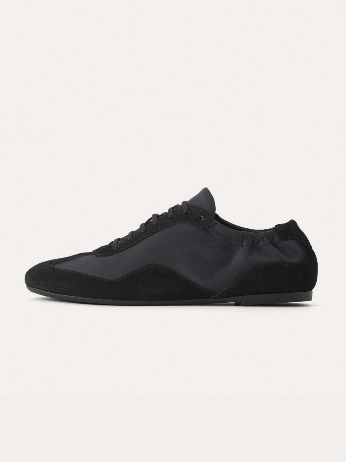 Black Faux Suede And Cloth Round-Toe Lace-Up Ballet Sneakers