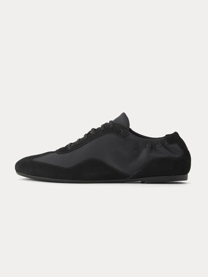 Black Faux Suede And Cloth Round-Toe Lace-Up Ballet Sneakers