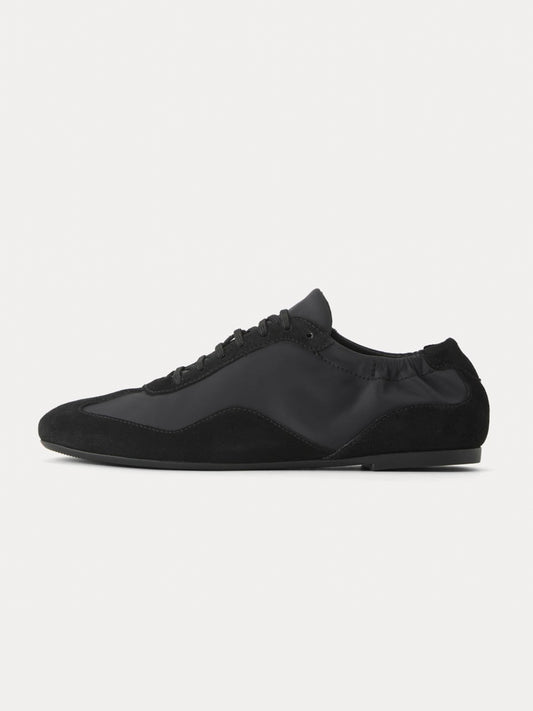 Black Faux Suede And Cloth Round-Toe Lace-Up Ballet Sneakers