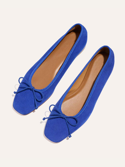 Front Bow Square-Toe Slip-On Chic Ballet Flats - Blue Faux Suede
