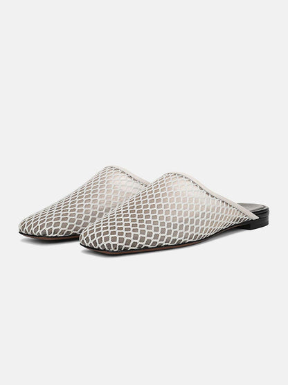 Ivory Mesh Square-Toe Chic Backless Simple Flats