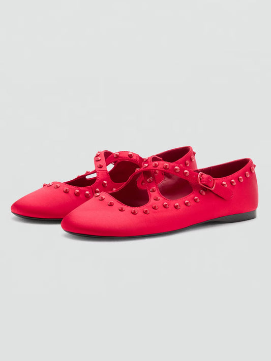 Red Satin Round-Toe Middle Crossed Straps And Studs Flats