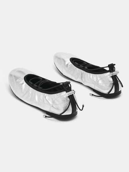 Metallic Silver Round-Toe Elastic Adjustable Closure Ballet Sneakers