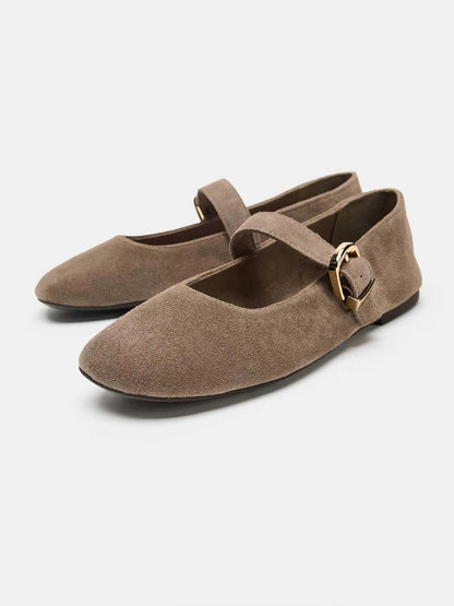 Taupe Faux Suede Round-Toe Buckle Middle Strap Slip-On Ballet Chic Flats
