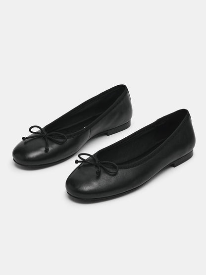 Black Round-Toe Simple Slip-On Ballet Flats With Front Bow