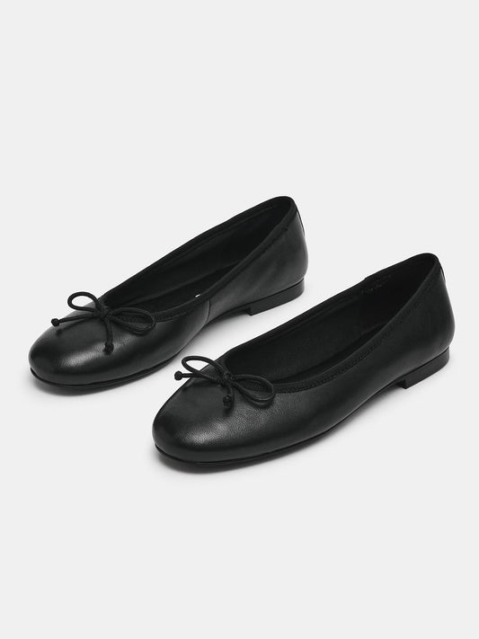 Black Round-Toe Simple Slip-On Ballet Flats With Front Bow