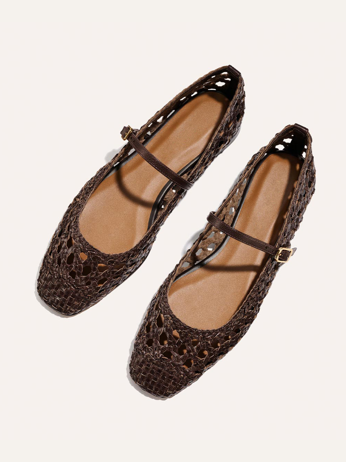 Coffee Woven Vegan Leather Square-Toe Mary Jane Chic Ballet Flats