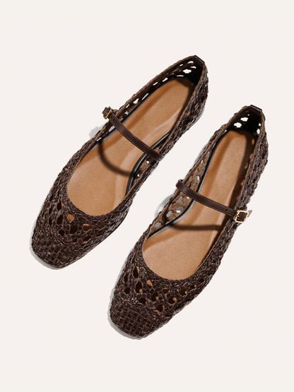 Coffee Woven Vegan Leather Square-Toe Mary Jane Chic Ballet Flats