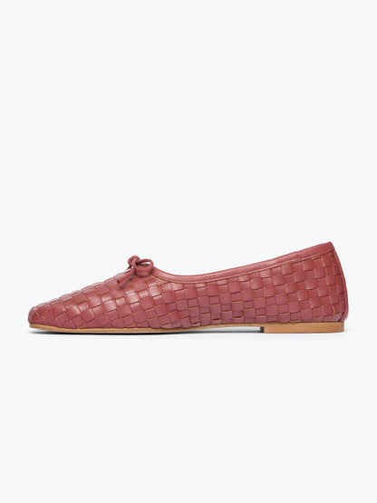 Woven Vegan Leather Square-Toe Front Bow Slip-On Ballet Flats - Brick Brown