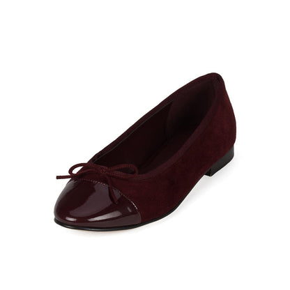 Black Faux Suede And Patent Leather Round-Toe Front Bow Ballet Flats