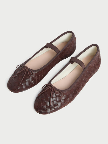 Coffee Woven Vegan Leather Round-Toe Front Bow And Middle Strap Ballet Flats
