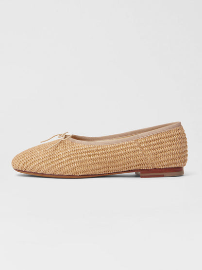 Beige Woven Round-Toe Simple Chic Ballet Flats With Front Bow