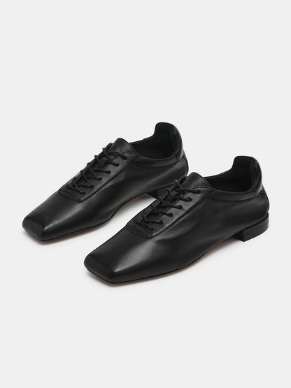 Black Square-Toe Simple Lace-Up Chic Flats