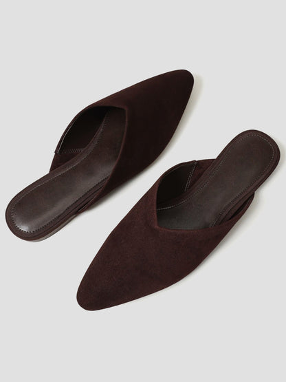 Chocolate Faux Suede Almond-Toe Backless Simple Slip-On Flats