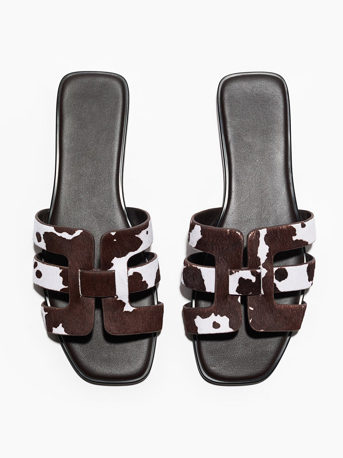 Cow Pattern Pony Hair Vegan Leather Square-Toe Backless Slip-On Sandals