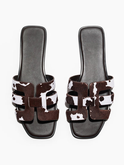 Cow Pattern Pony Hair Vegan Leather Square-Toe Backless Slip-On Sandals