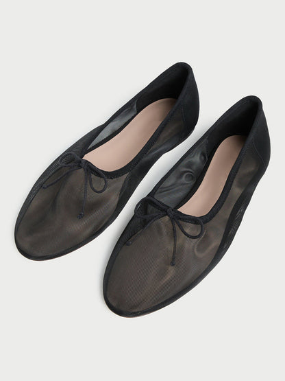 Black Round-Toe Chic Front Bow Slip-On Ballet Flats