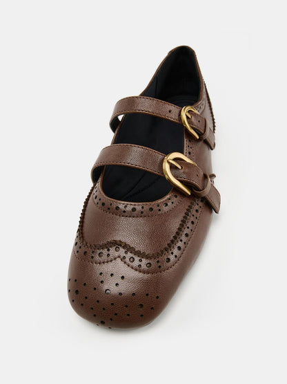 Brown Square-Toe Double Middle Straps With Buckle Chic Ballet Flats
