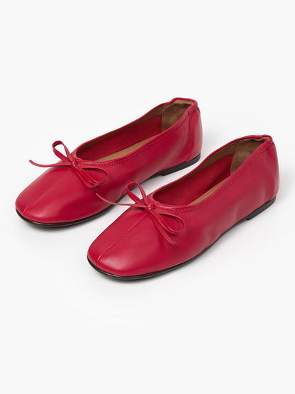 Red Classic Square-Toe Front Bow Simple Ballet Flats