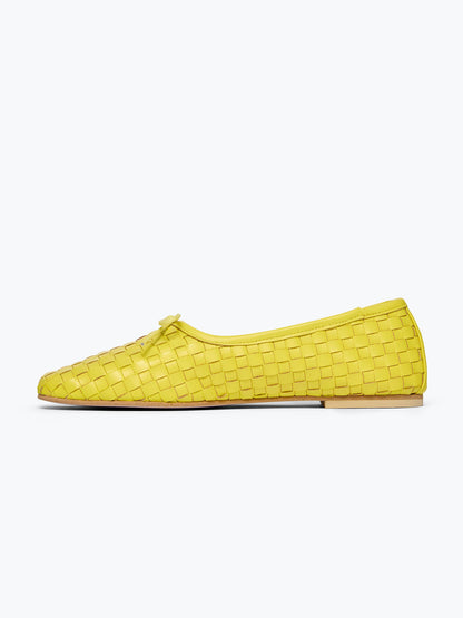 Woven Vegan Leather Square-Toe Front Bow Slip-On Ballet Flats - Yellow