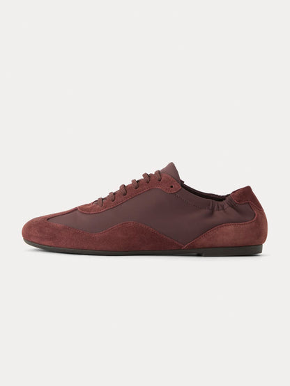 Burgundy Faux Suede And Cloth Round-Toe Lace-Up Ballet Sneakers