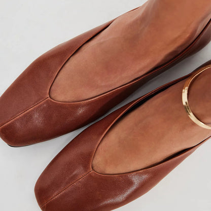 Vegan Leather Square-Toe Slip-On Ballet Flats - Dark Tan