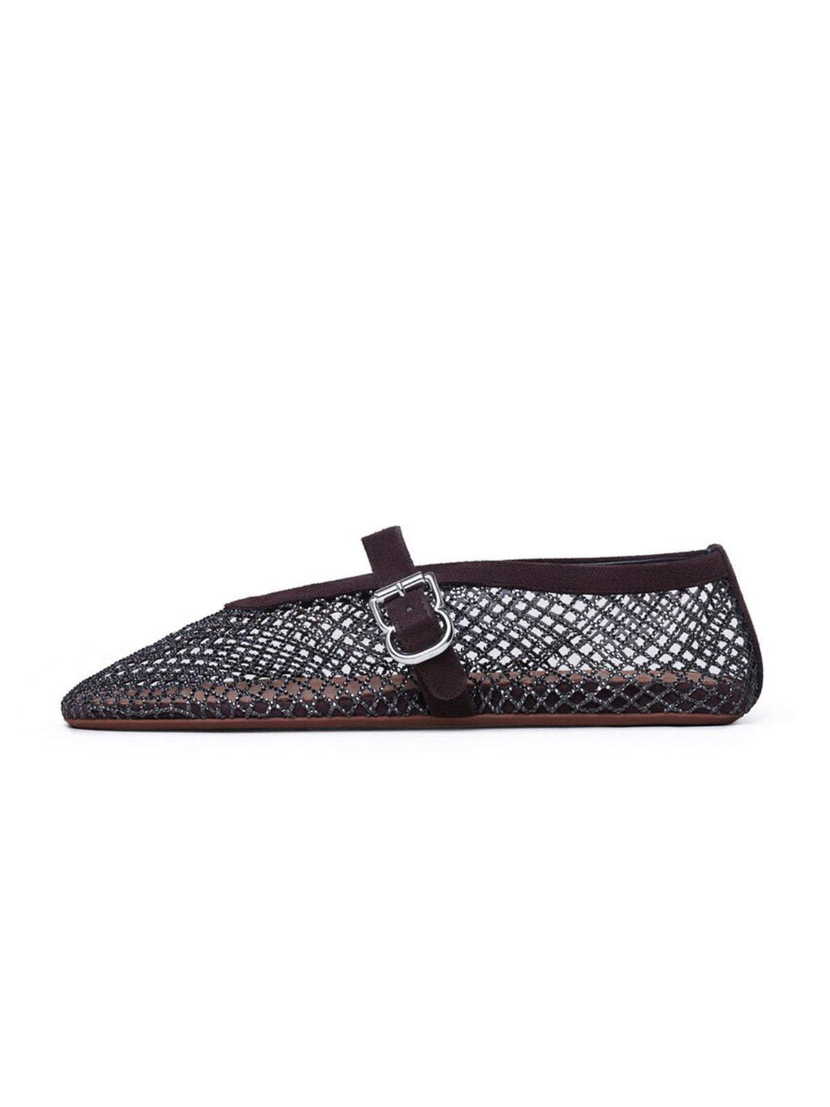 Brown Mesh And Faux Suede Round-Toe Buckle Mary Jane Ballet Flats