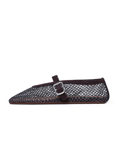 Brown Mesh And Faux Suede Round-Toe Buckle Mary Jane Ballet Flats
