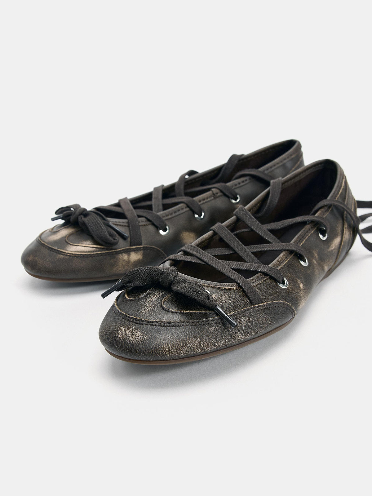 Brown Round-Toe Front Bow And Lace-Up Sporty Ballet Flats