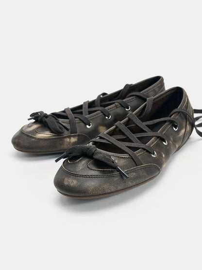 Brown Round-Toe Front Bow And Lace-Up Sporty Ballet Flats