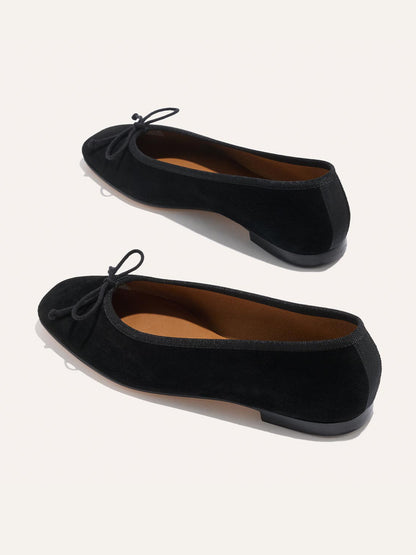 Front Bow Square-Toe Slip-On Chic Ballet Flats - Black Faux Suede