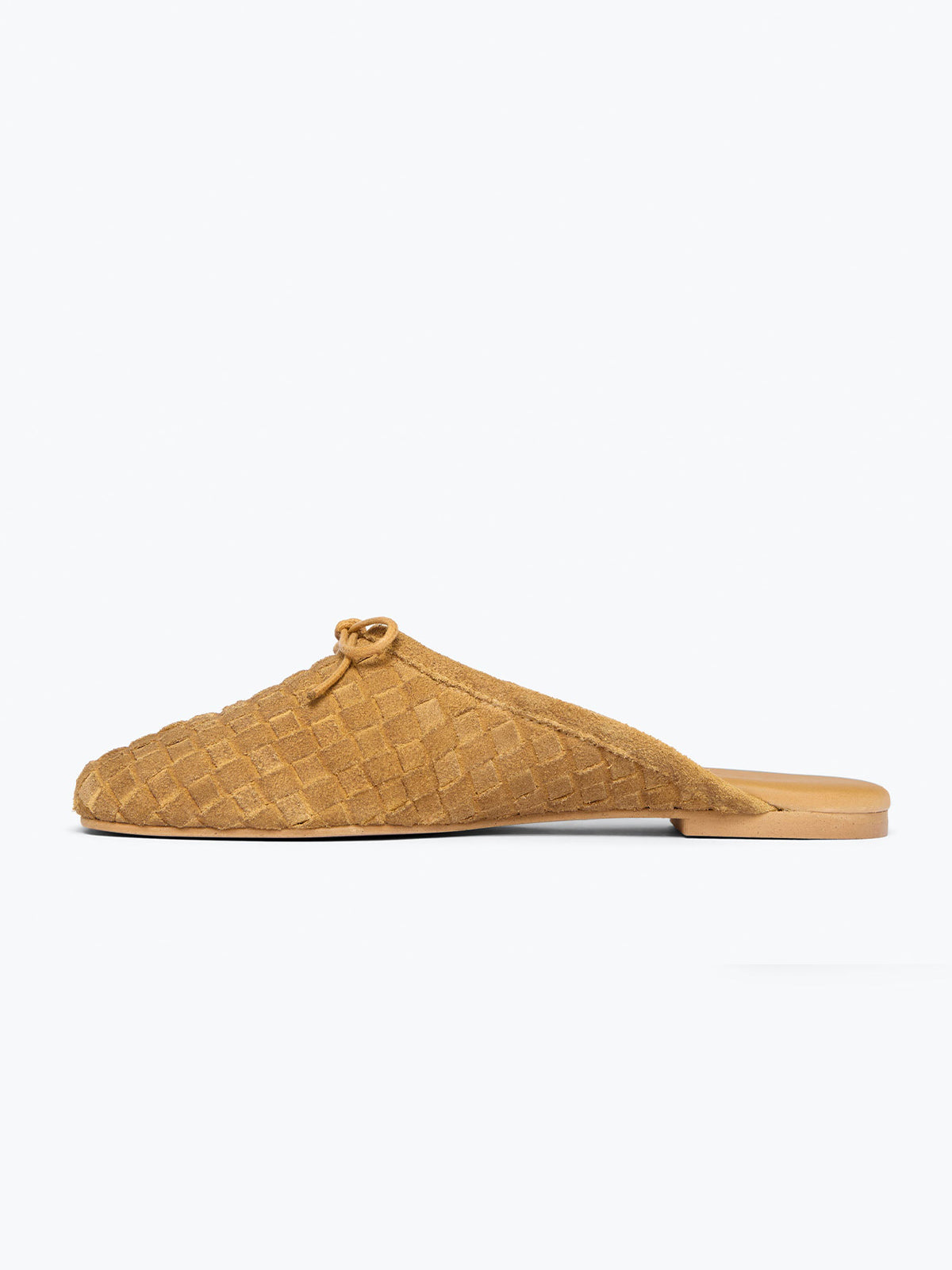 Woven Faux Suede Square-Toe Front Bow Slip-On Backless Flats - Tan