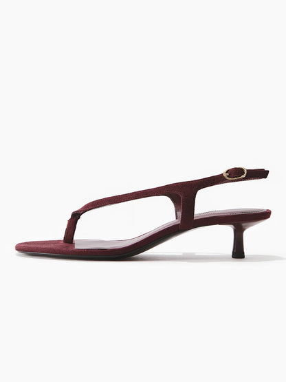 Burgundy Faux Suede Square-Toe Flip-Flop Slingback Kitten Heels
