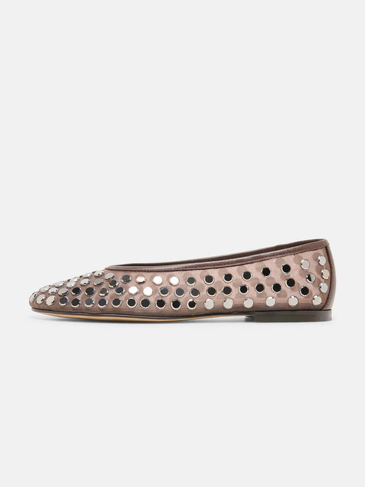 Brown Mesh Round-Toe Full Studs Slip-On Ballet Flats