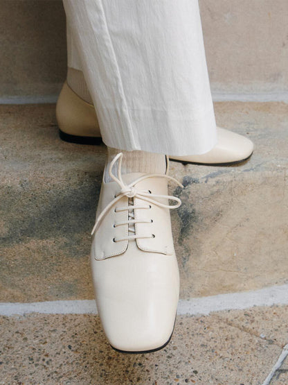 Bone Square-Toe Chic Lace-Up Slip-On Sporty Flats