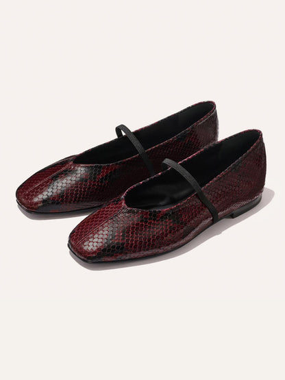 Mary Jane Square-Toe Slip-On Chic Ballet Flats - Burgundy Snakeskin Pattern