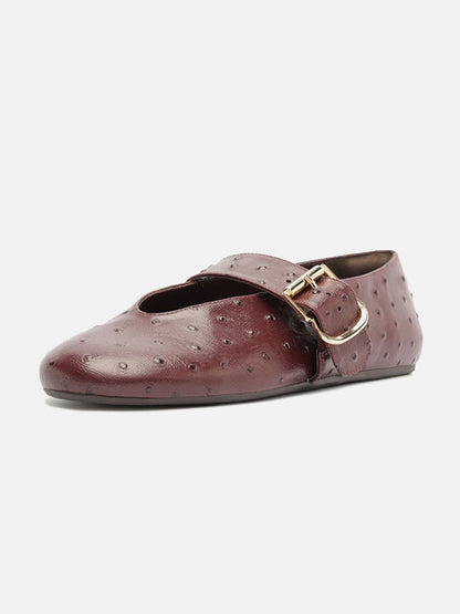 Red Ostrich Pattern Vegan Leather Round-Toe Mary Jane Chic Ballet Flats