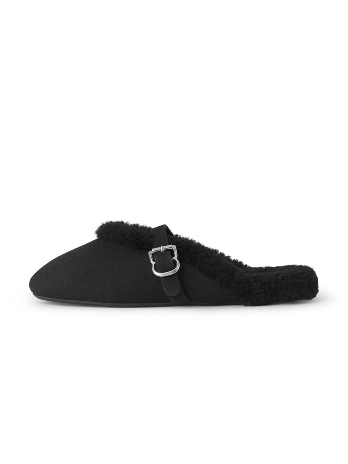 Black Faux Suede And Plush Square-Toe Mary Jane Slip-On Backless Flats