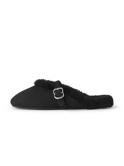 Black Faux Suede And Plush Square-Toe Mary Jane Slip-On Backless Flats