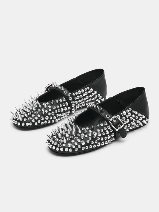 Black Round-Toe Full Rivet And Middle Strap Chic Ballet Flats