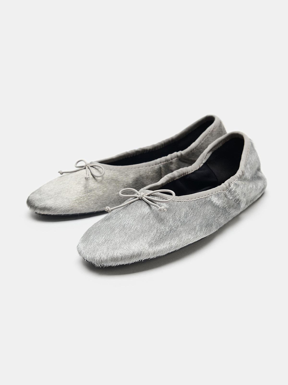 Silver Pony Hair Vegan Leather Square-Toe Front Bow Slip-On Ballet Flats