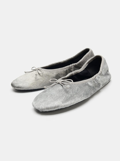 Silver Pony Hair Vegan Leather Square-Toe Front Bow Slip-On Ballet Flats